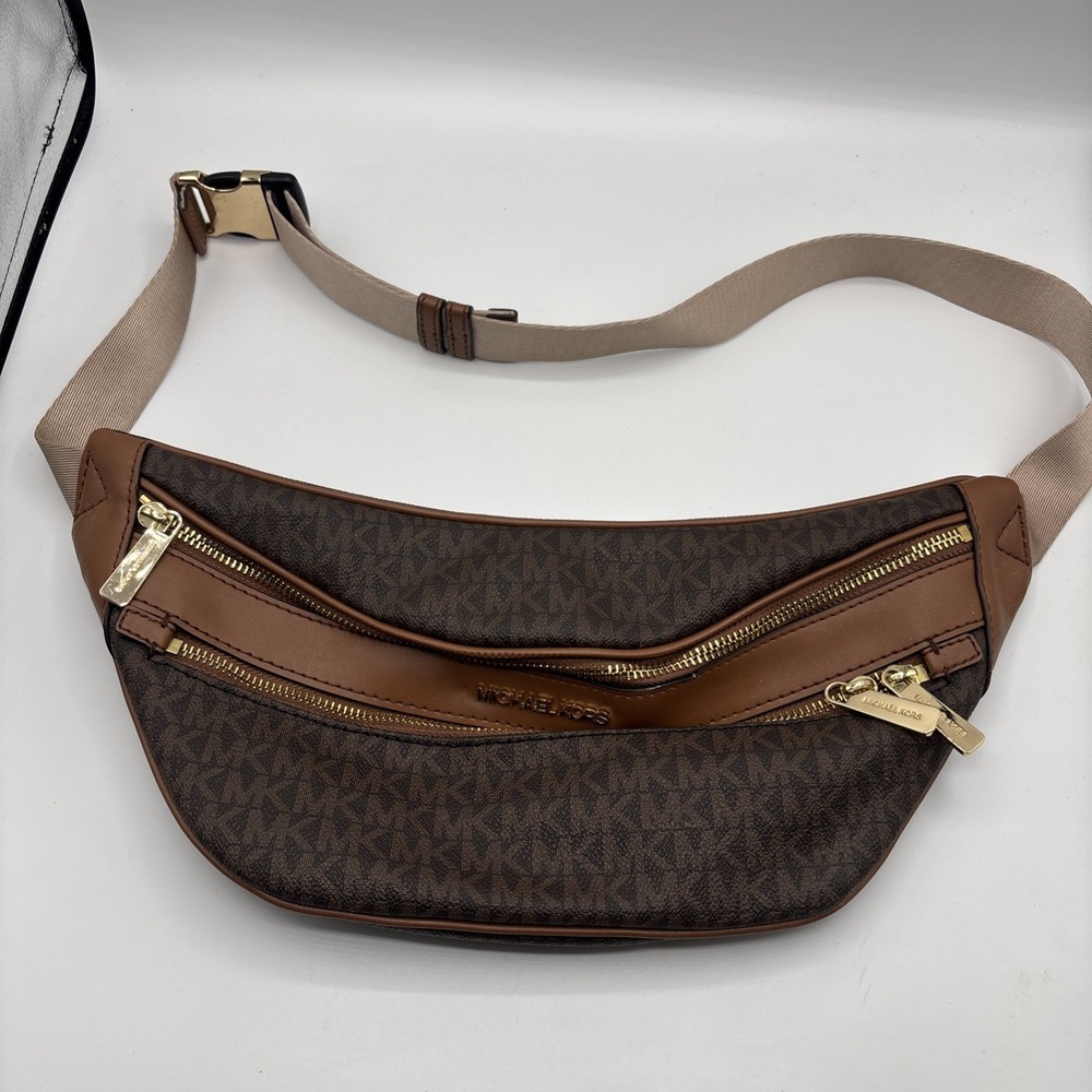Michael Kors Brown Tan Leather Allover MK Logo Print Fanny Pack Waist Belt Bag